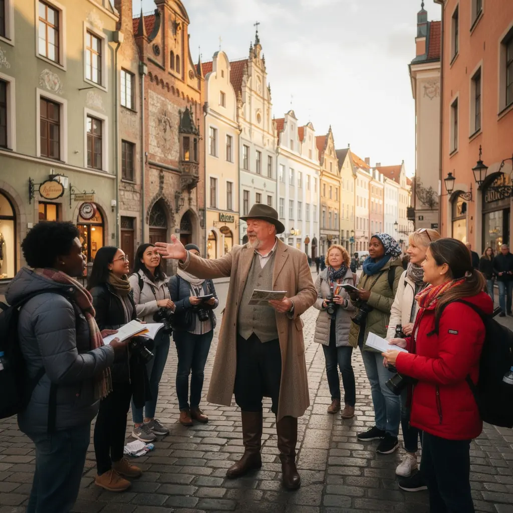 Rīgas vecpilsētas ielas ar vēsturiskām ēkām un tūristiem.